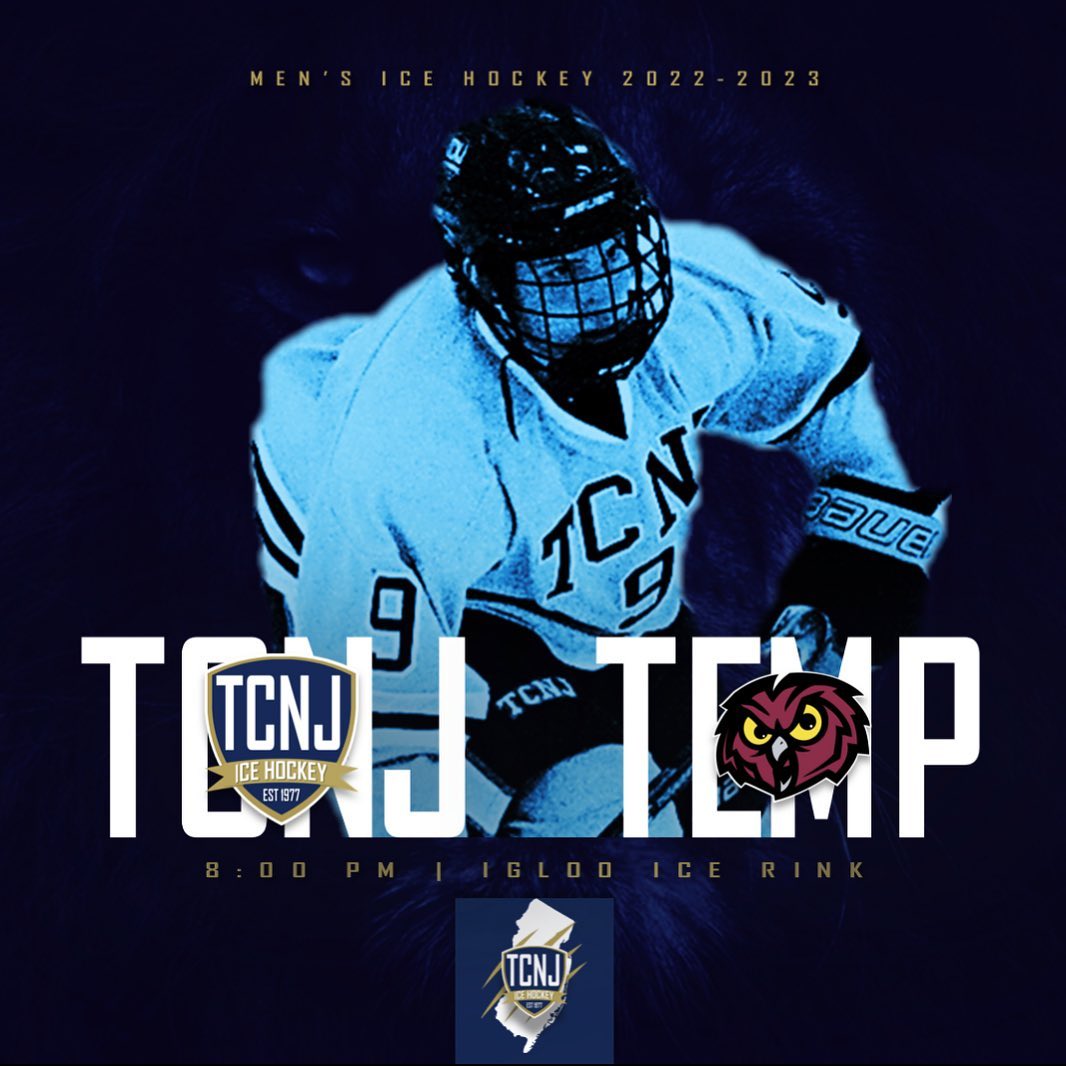 It’s #gameday! We take a short trip down 295 to take on the Owls! 

🆚 @templeicehockey 
⏰ 8:00pm
📺 Temple’s YouTube Page (Link TBA)
📍 @igloomtlaurelnj 
#tcnjhockey #tcnj #lionpride #tgif